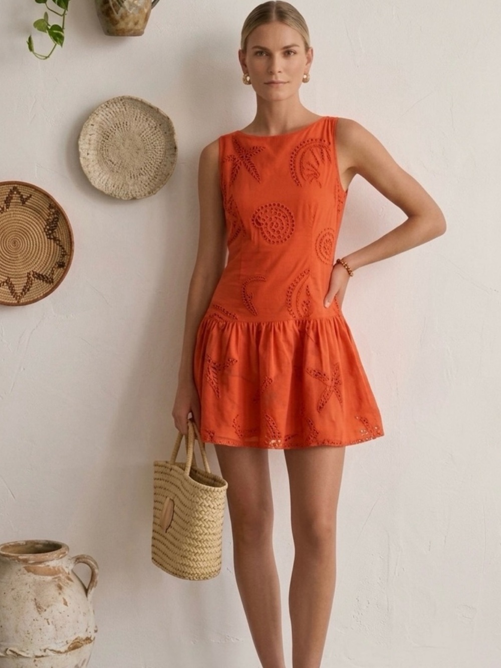 Caroline Constas Vibrant Orange Red Eyelet Drop-Waist Mini Dress New
